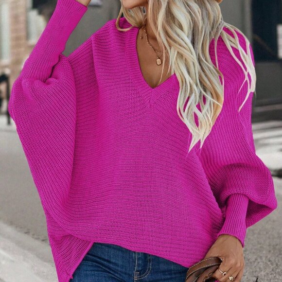 Hot Pink Casual Women's V-Neck Batwing Sleeve Sweater - Picture 6 of 7